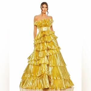 Mac Duggal 11697 Gold Ruffle Strapless Tiered Gown Sz 2 NWOT